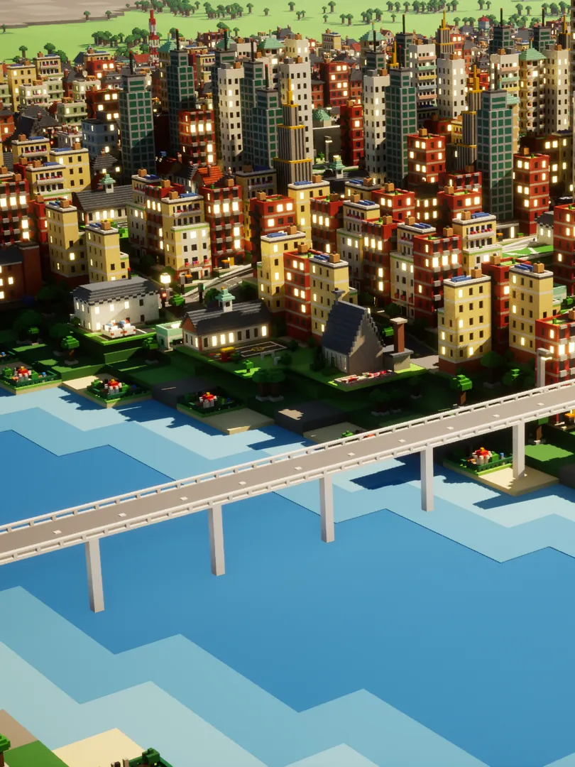 A long road bridge on piers over a blue river, a town of brick terraces and lit towers on the far bank.