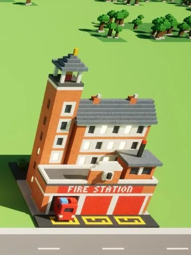 A brick fire station with a tall tower, its red engine parked in the bay by the road.