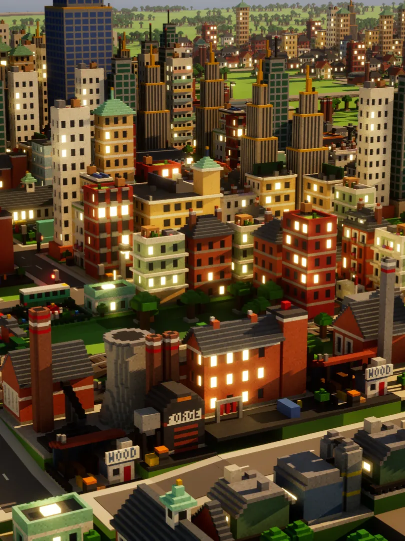 A mixed street at dusk: brick homes and flats with lit windows, shops, a forge and wood yard, towers behind.