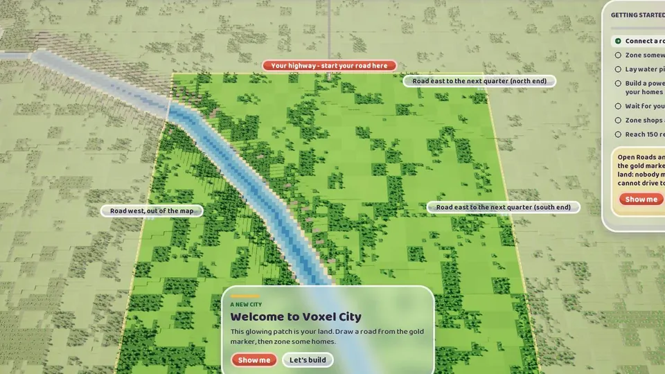 A new city on River Delta: an empty green section of land with a glowing dashed edge, a river through it and a welcome card.