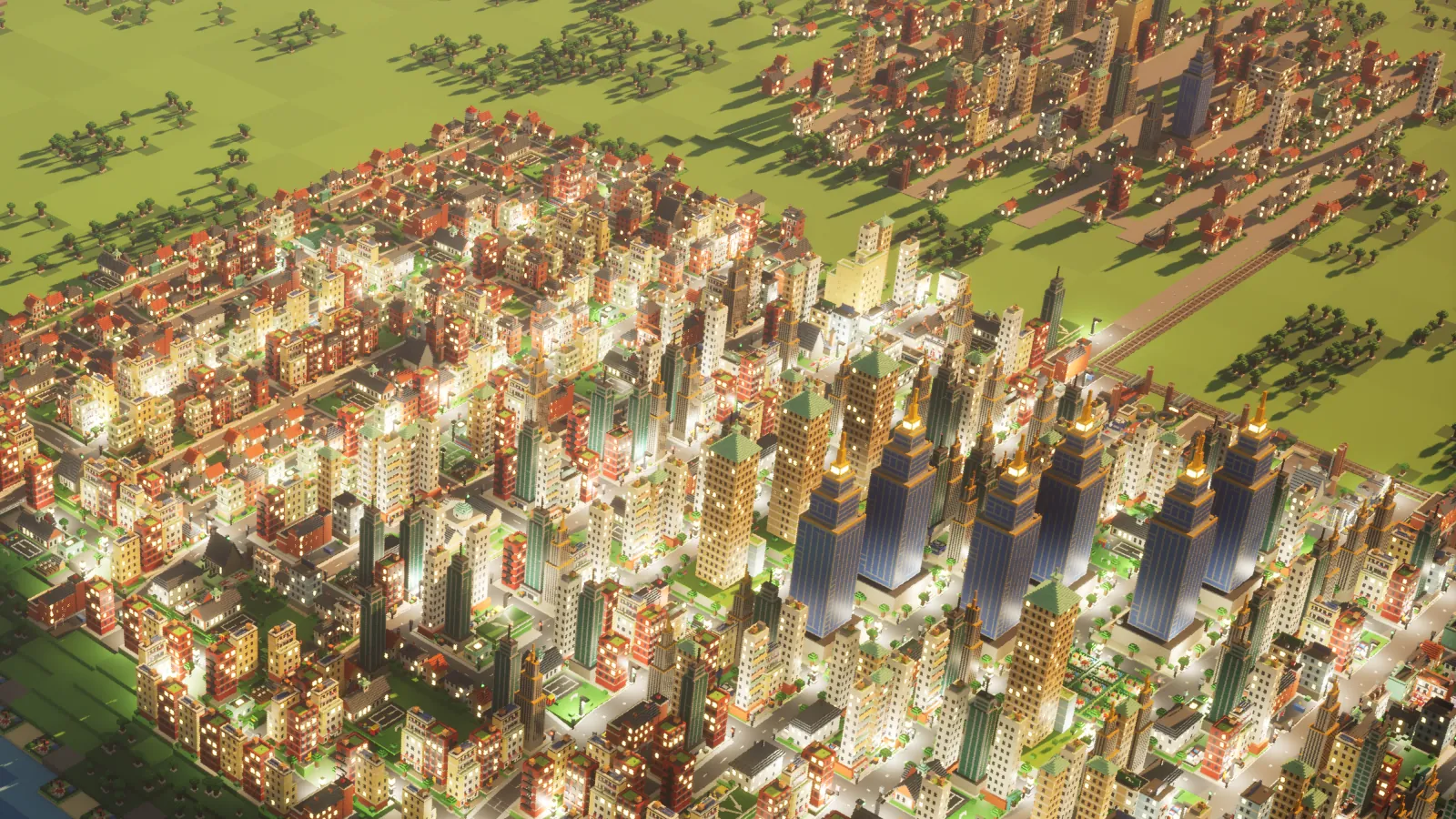 A grown town at golden hour along both banks of a river, two bridges crossing it, lit windows everywhere.