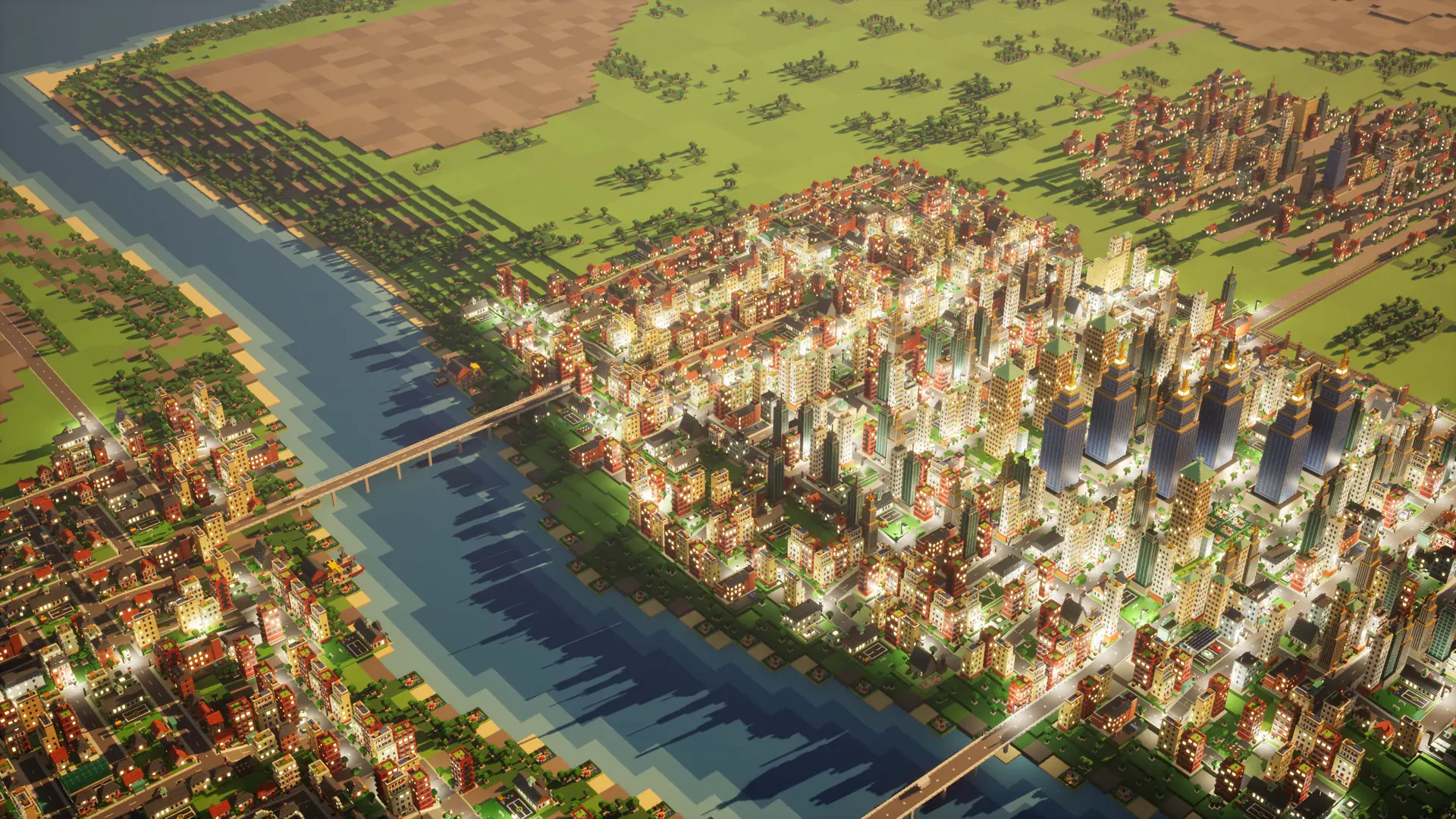 Voxel City at golden hour from the air: a busy town of lit voxel houses and towers along a river, two bridges crossing it, fields beyond.