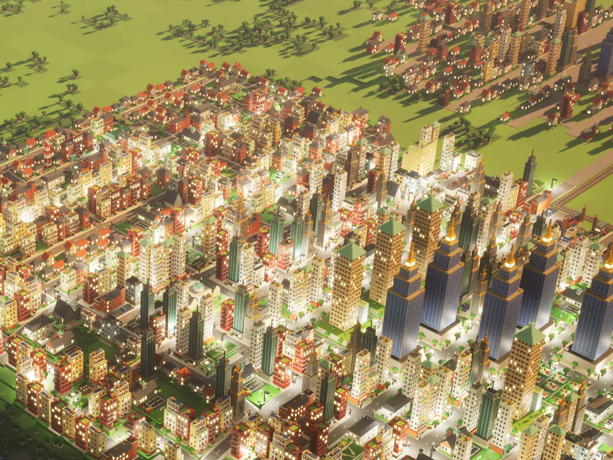 Voxel City today at golden hour: a town of lit voxel houses and towers along a river.