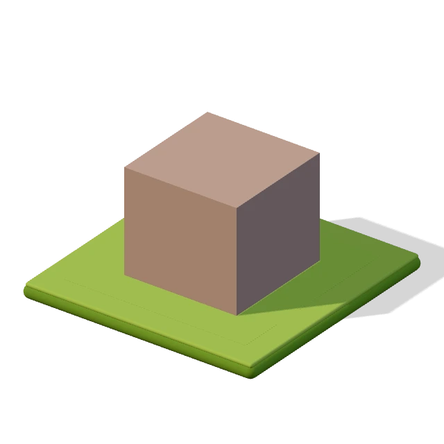 A redrawing of the first build: one grey placeholder block standing on one square tile of grass.