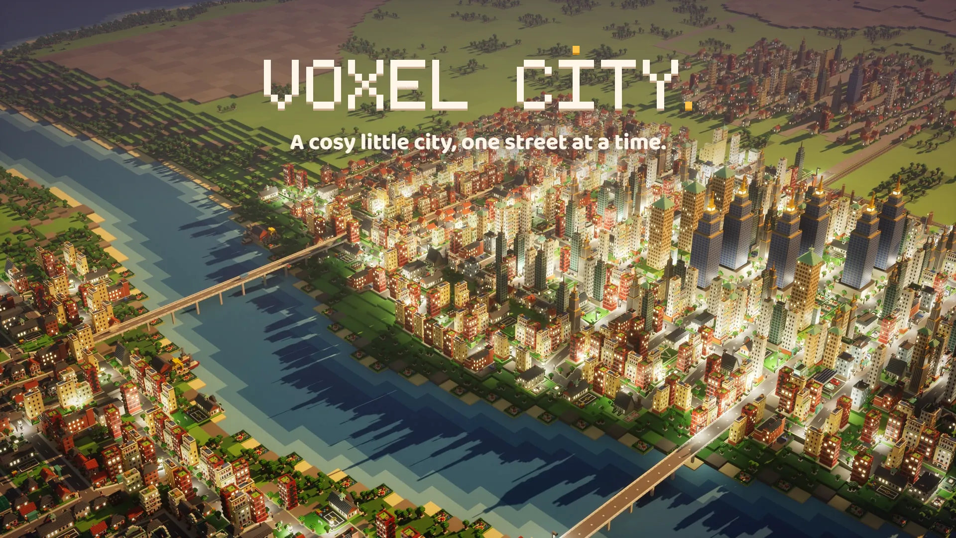 The Voxel City trailer: the town at golden hour, with its title.