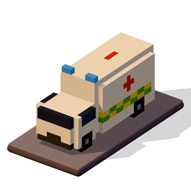 Ambulance: the voxel model from the game, standing on a little tile.