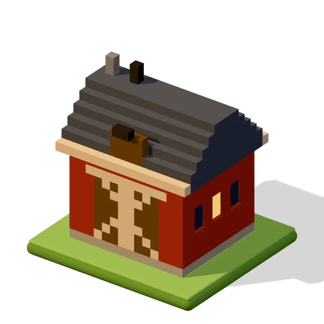 Barn: the voxel model from the game, standing on a little tile.