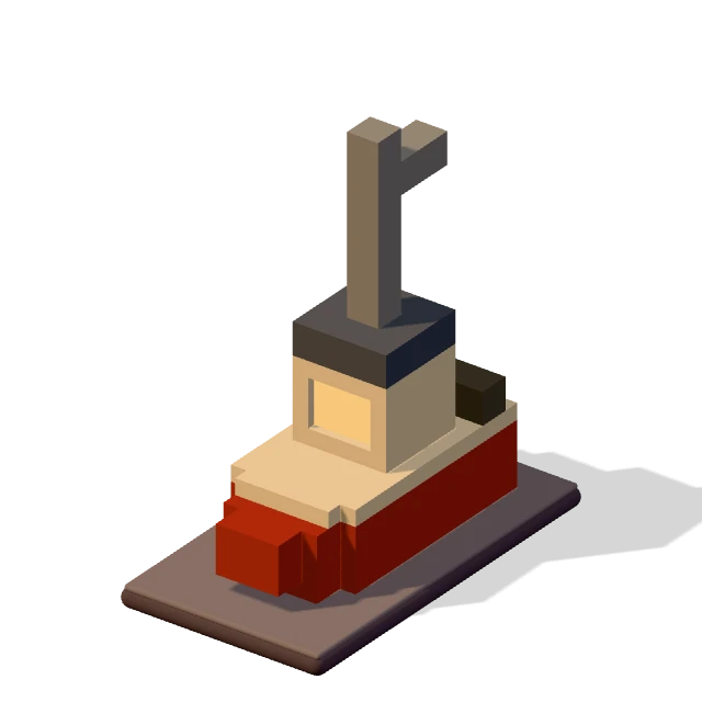Fishing boat: the voxel model from the game, standing on a little tile.