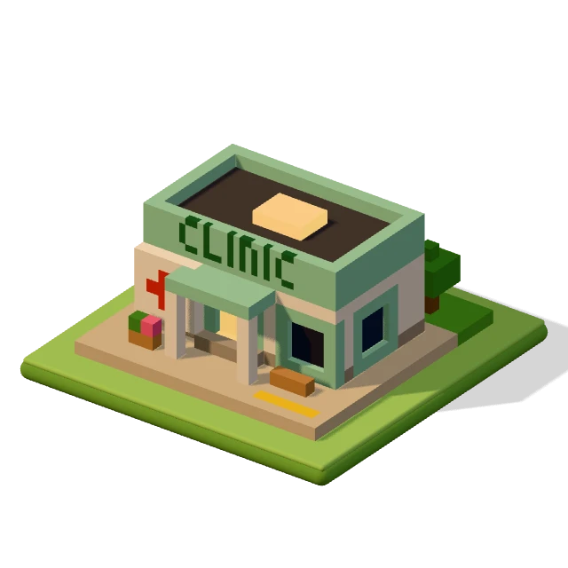Clinic: the voxel model from the game, standing on a little tile.