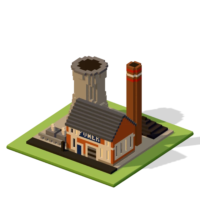 Coal plant: the voxel model from the game, standing on a little tile.