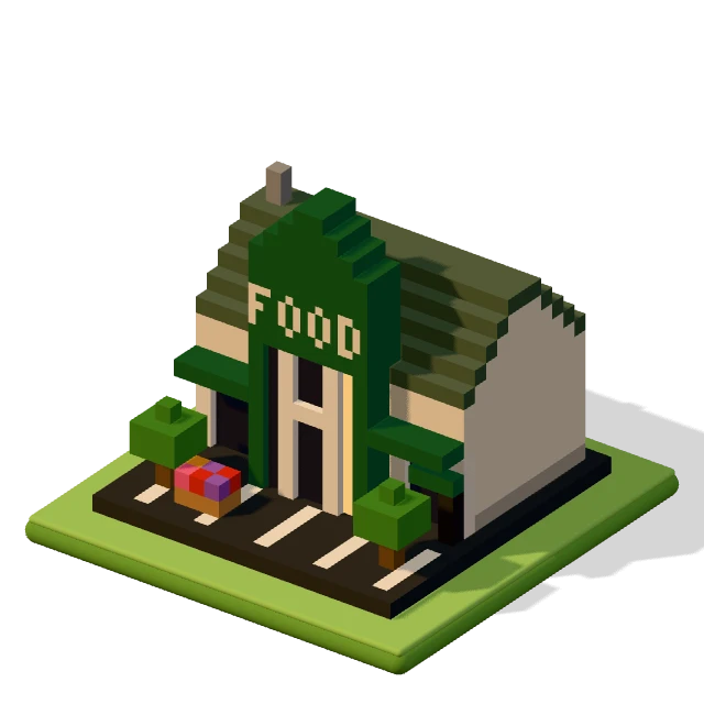 Supermarket: the voxel model from the game, standing on a little tile.