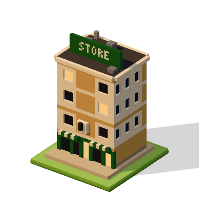 Department store: the voxel model from the game, standing on a little tile.