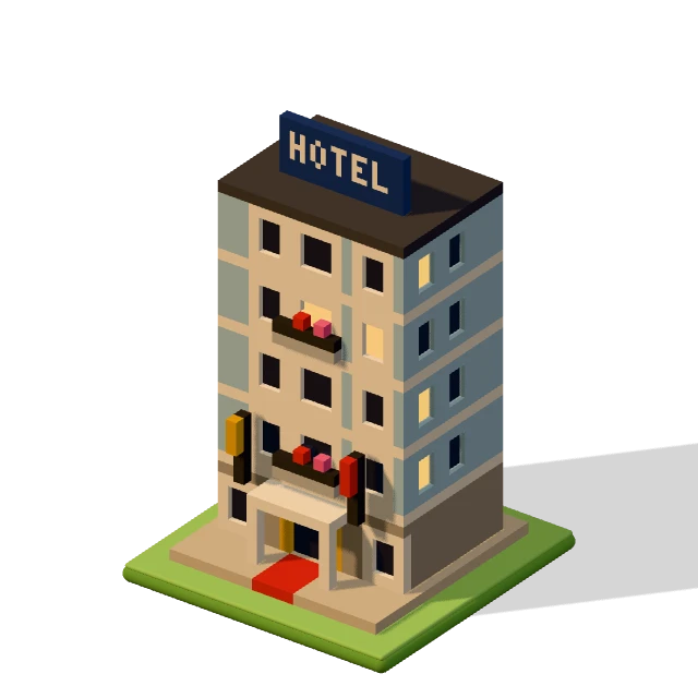Grand hotel: the voxel model from the game, standing on a little tile.