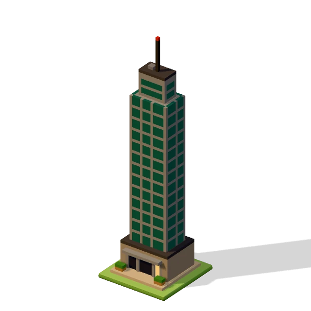 Glass office tower: the voxel model from the game, standing on a little tile.