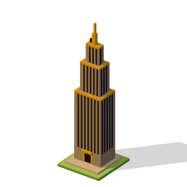 Art Deco tower: the voxel model from the game, standing on a little tile.