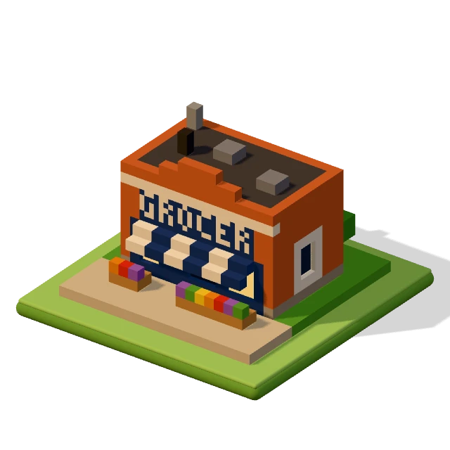 Corner grocer: the voxel model from the game, standing on a little tile.