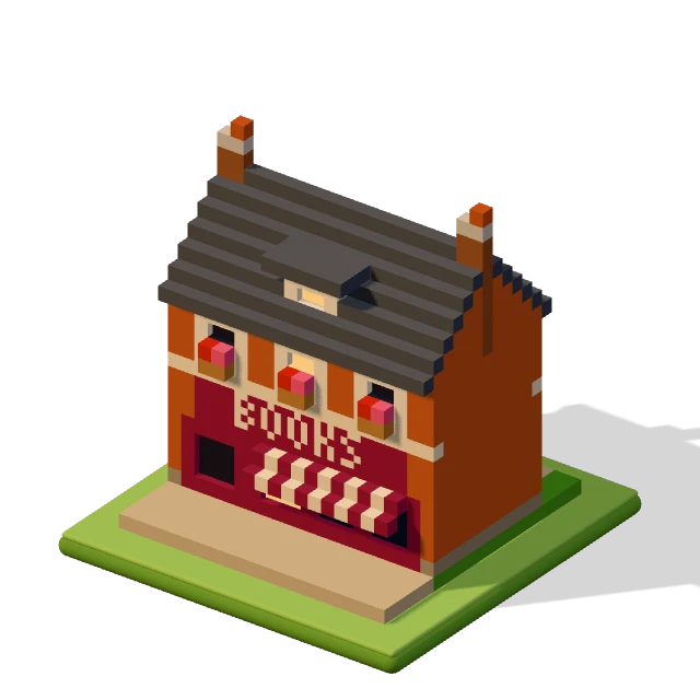 Shop with a flat over it: the voxel model from the game, standing on a little tile.