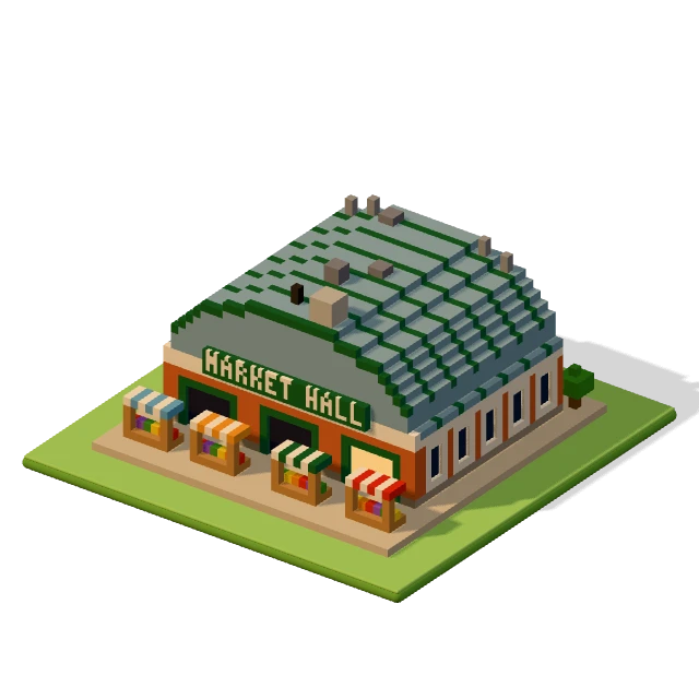 Market hall: the voxel model from the game, standing on a little tile.