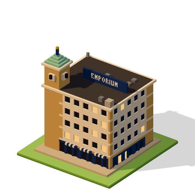Emporium: the voxel model from the game, standing on a little tile.