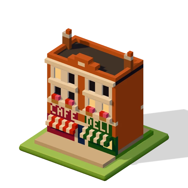 High-street parade: the voxel model from the game, standing on a little tile.