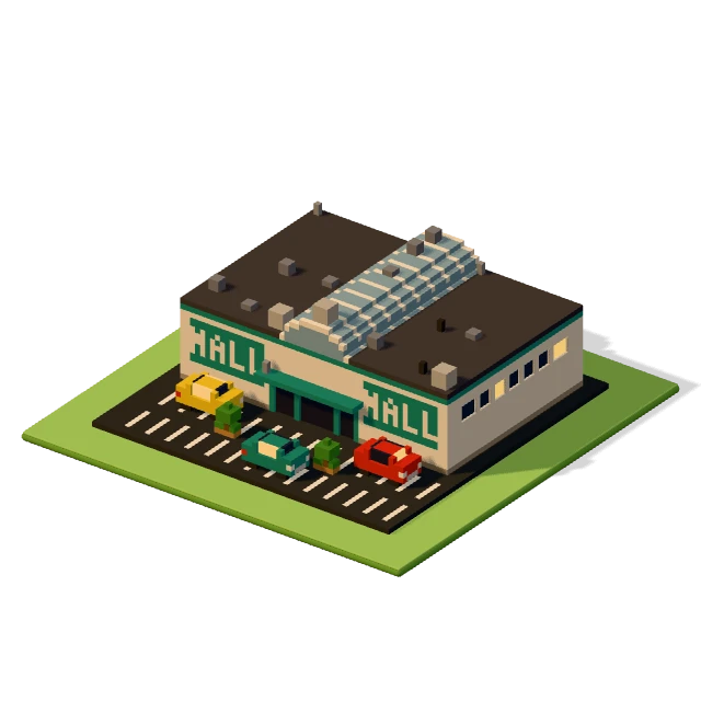 Shopping mall: the voxel model from the game, standing on a little tile.