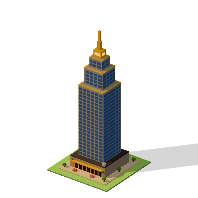 Skyscraper: the voxel model from the game, standing on a little tile.