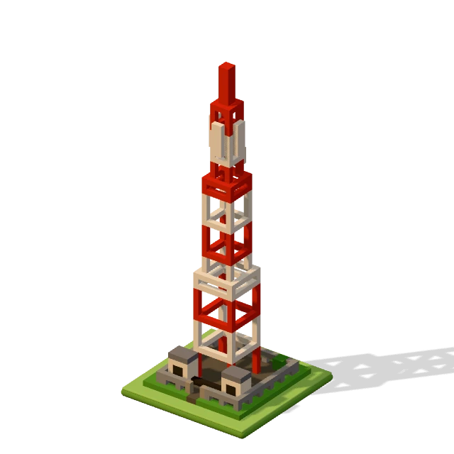 5G mast: the voxel model from the game, standing on a little tile.