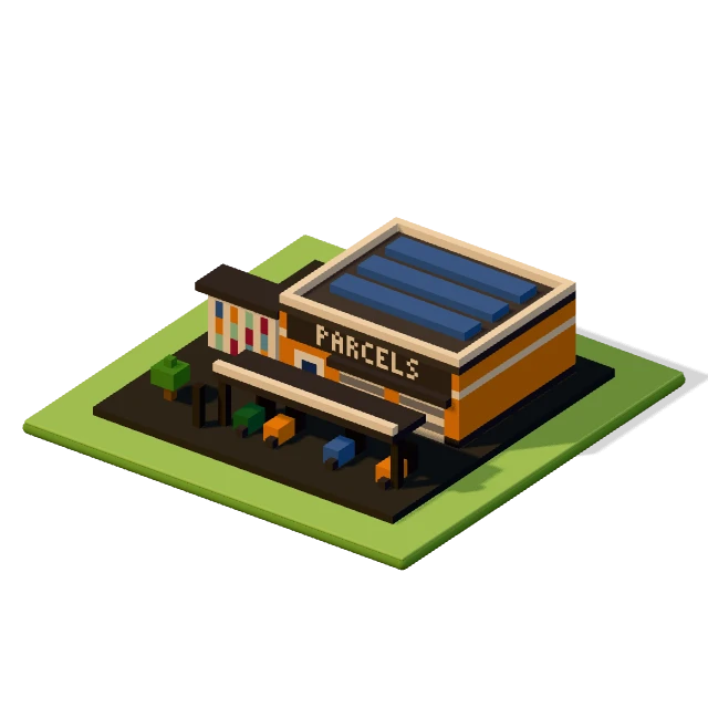 Delivery hub: the voxel model from the game, standing on a little tile.