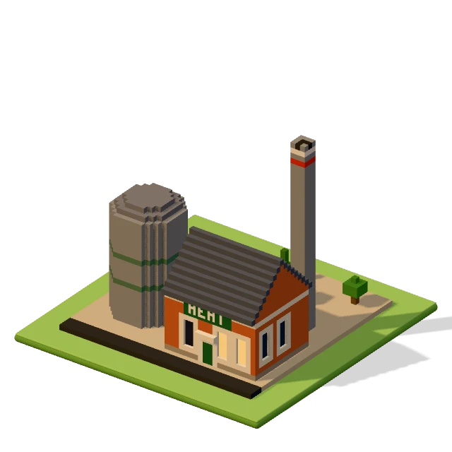 District heating: the voxel model from the game, standing on a little tile.