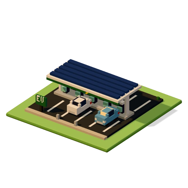 EV charging hub: the voxel model from the game, standing on a little tile.