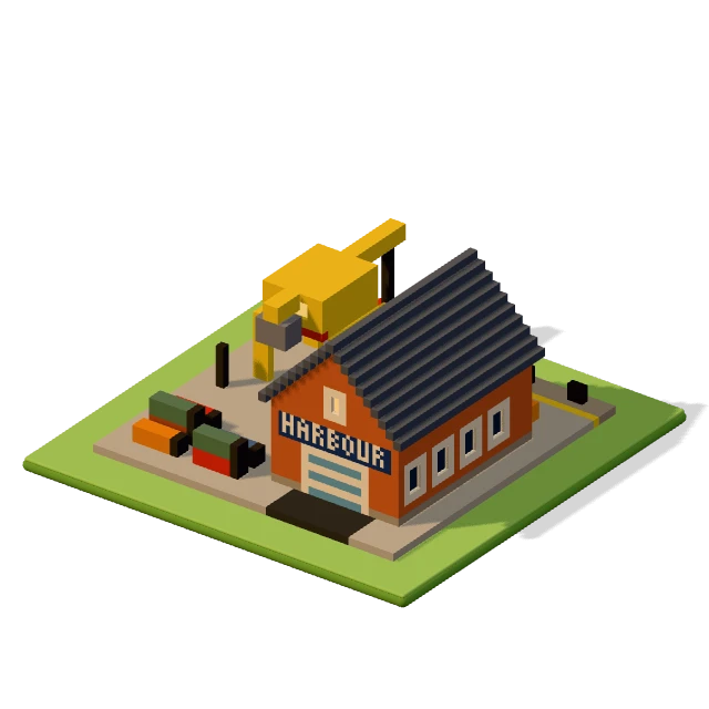 Harbour: the voxel model from the game, standing on a little tile.
