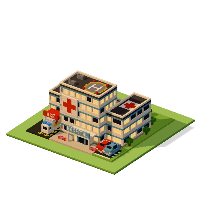Hospital: the voxel model from the game, standing on a little tile.