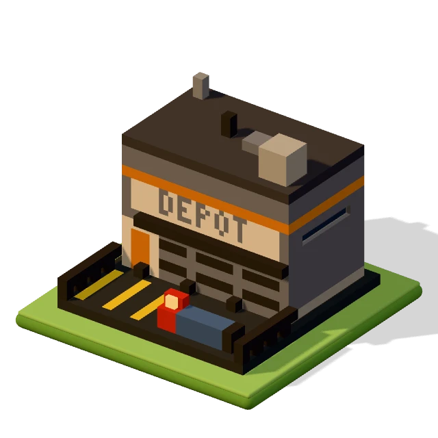 Distribution shed: the voxel model from the game, standing on a little tile.