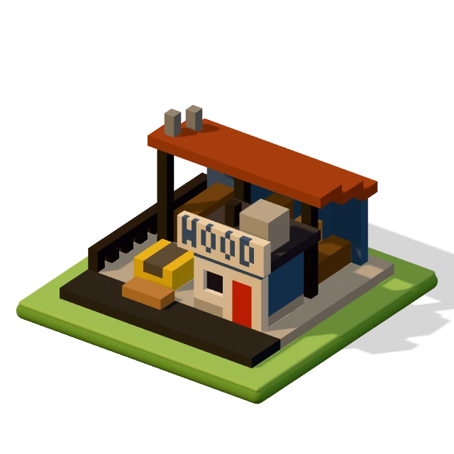 Builder's merchant: the voxel model from the game, standing on a little tile.