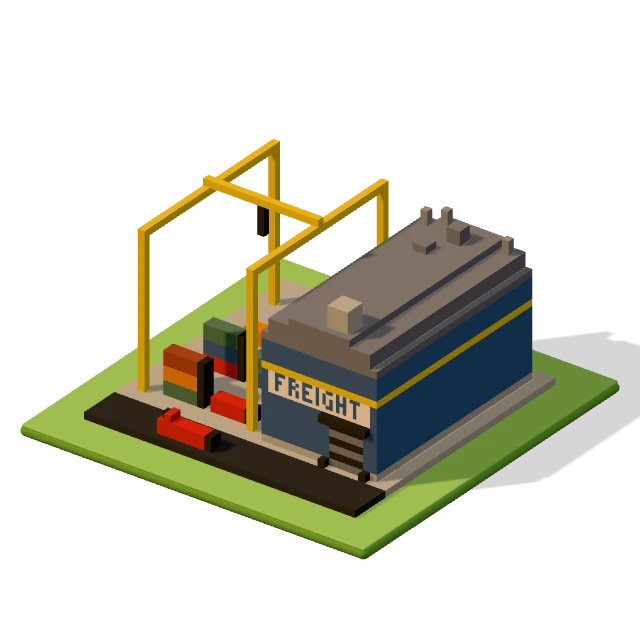 Freight yard: the voxel model from the game, standing on a little tile.