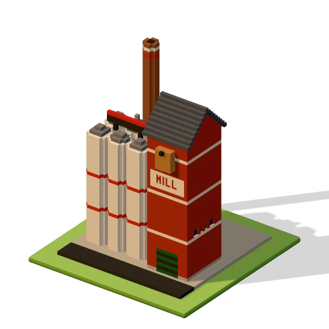 Grain mill: the voxel model from the game, standing on a little tile.