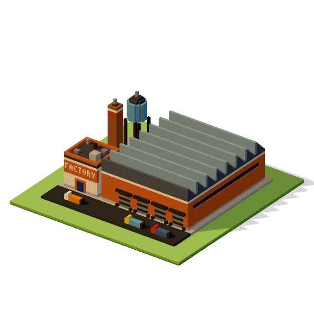 Factory: the voxel model from the game, standing on a little tile.