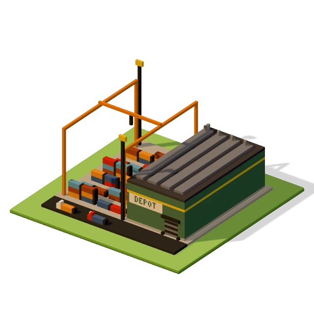 Logistics park: the voxel model from the game, standing on a little tile.
