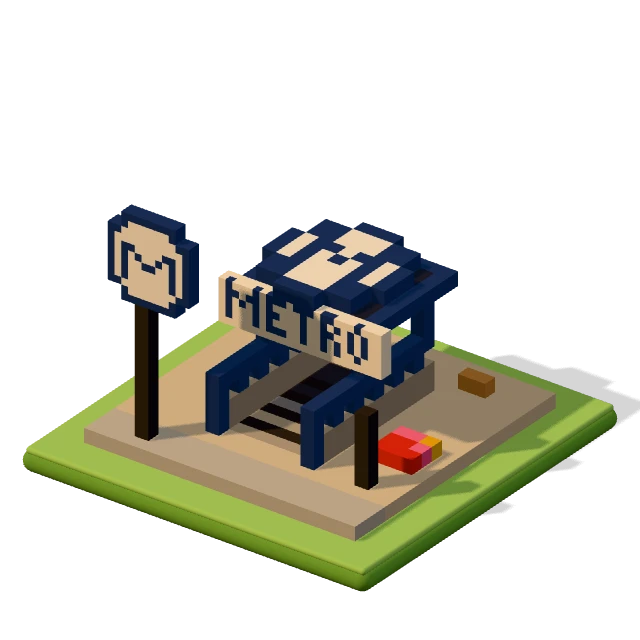 Metro entrance: the voxel model from the game, standing on a little tile.