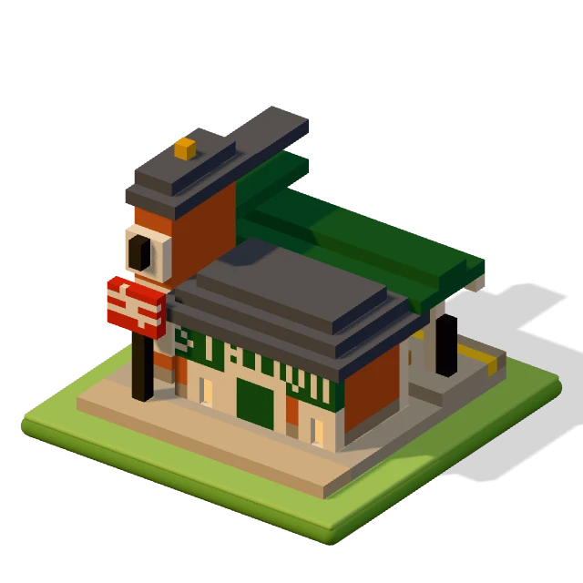 Railway station: the voxel model from the game, standing on a little tile.