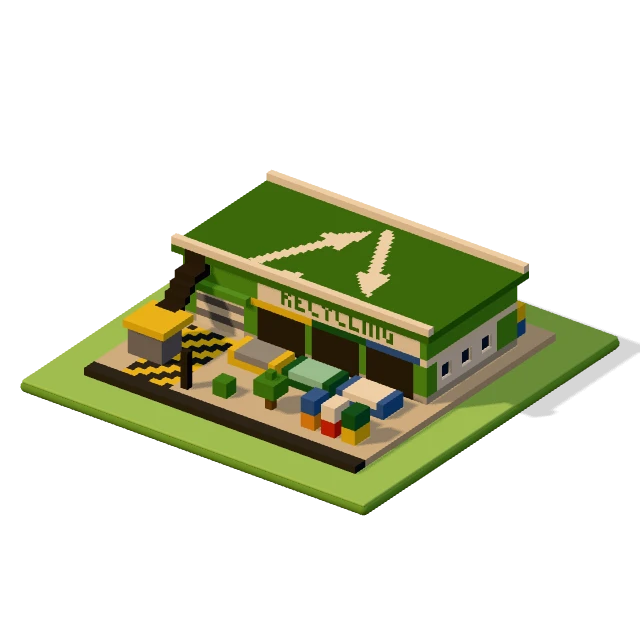 Recycling centre: the voxel model from the game, standing on a little tile.