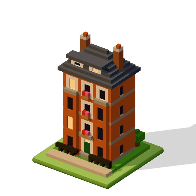 Mansion block: the voxel model from the game, standing on a little tile.