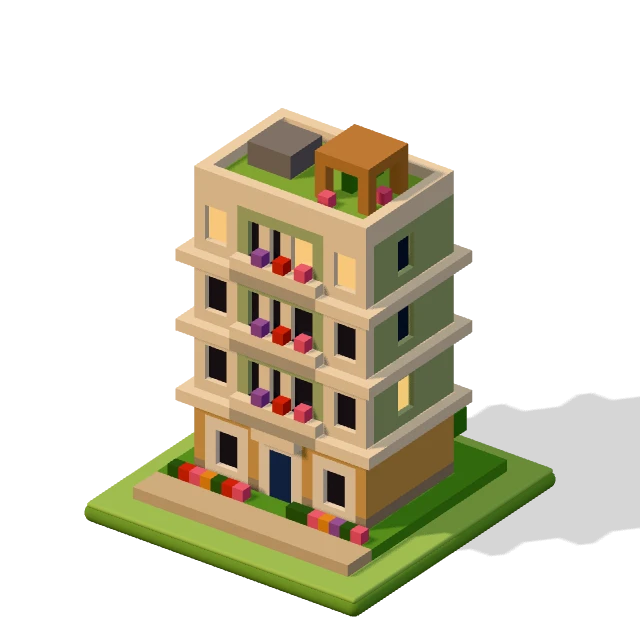 Balcony flats: the voxel model from the game, standing on a little tile.