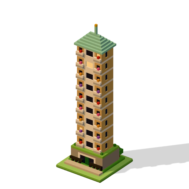 Garden tower: the voxel model from the game, standing on a little tile.