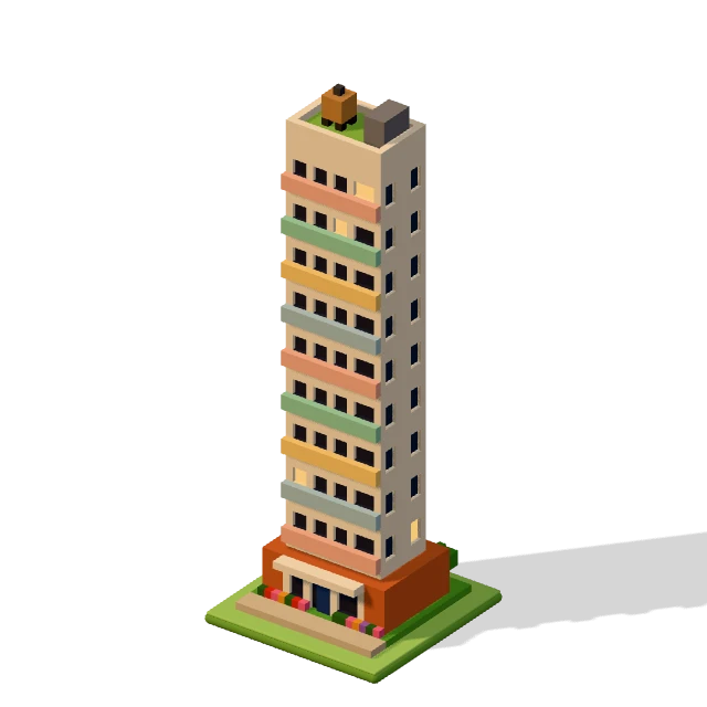 Balcony tower: the voxel model from the game, standing on a little tile.