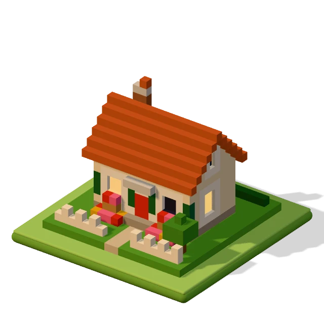 Cottage: the voxel model from the game, standing on a little tile.