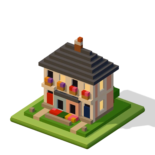 Semi-detached pair: the voxel model from the game, standing on a little tile.