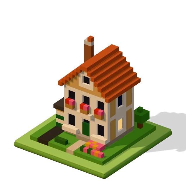 Double-fronted house: the voxel model from the game, standing on a little tile.