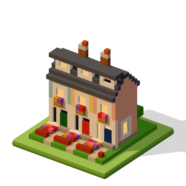 Terraced row: the voxel model from the game, standing on a little tile.