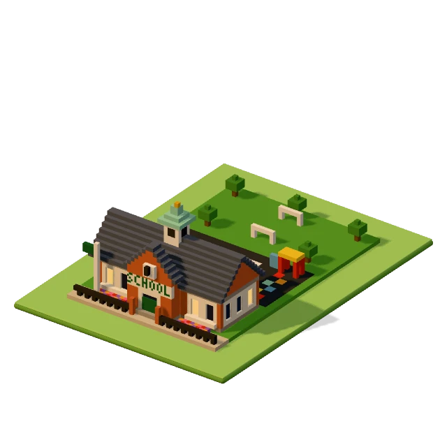 School: the voxel model from the game, standing on a little tile.